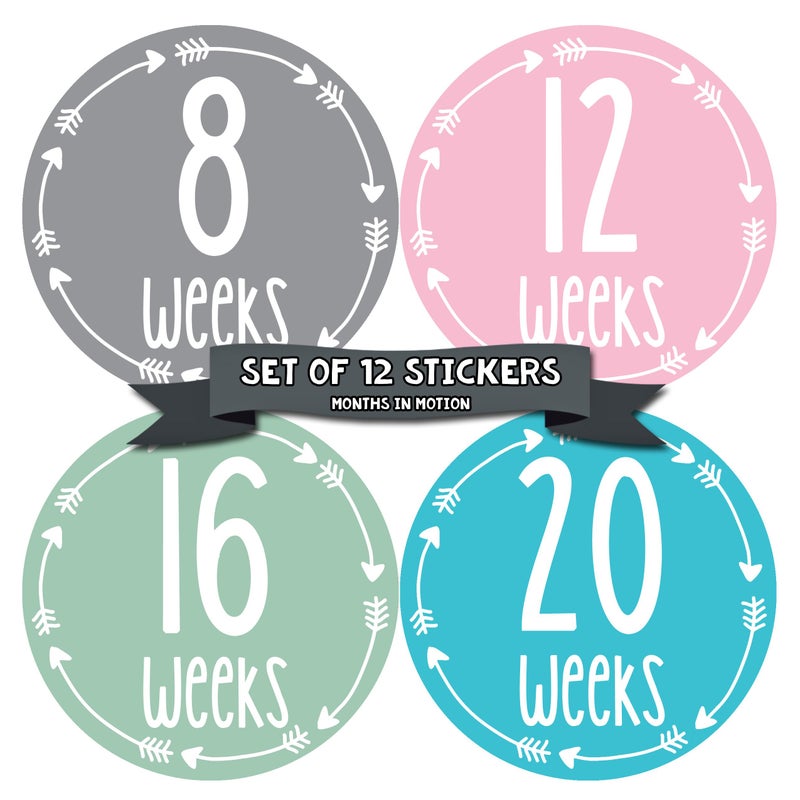 Months In Motion Pregnancy Weekly Belly Growth Stickers - Baby Bump Belly Stickers - Maternity Week Sticker - Pregnant Expecting Photo Prop Keepsake - Expectant Mom Gift - Arrows (Style 966) - Image 1